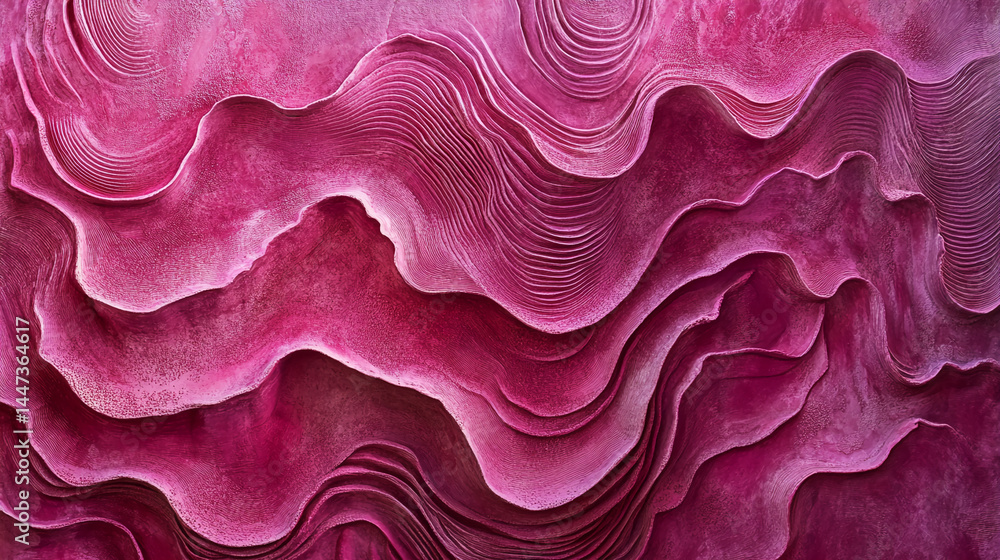 Poster Crimson textured surface with layered, wavy patterns creating a three-dimensional effect, showcasing abstract art, ideal for design backgrounds