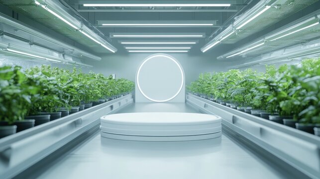 Futuristic hydroponic farm interior with plants and podium