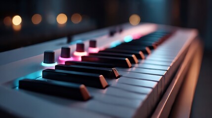 Synthesizer keyboard close-up with illuminated keys and knobs in soft focus