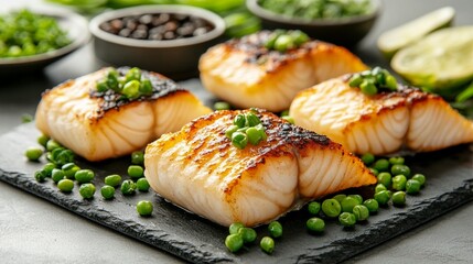 Four pan-seared fish fillets on a black slate, garnished with green peppercorns and pea shoots.