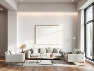 Modern living room interior with a clean aesthetic featuring a mockup of wall art, minimalist, wall art, home decor