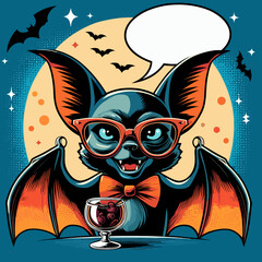 Scary bat in glasses and Halloween drink, empty speech bubble, party invitation poster in retro Pop Art vector