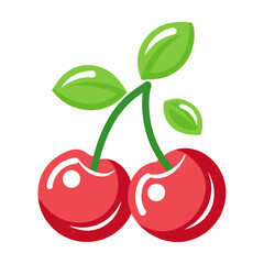 Cartoon Cherry Pair Vector with Curled Stem and Leaves on White