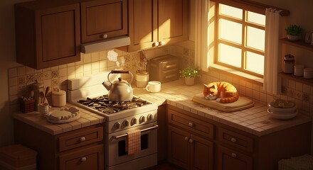 Cozy Morning in a Retro Kitchen with a Sleeping Cat