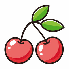 Cartoon Cherry Pair Vector with Curled Stem and Leaves on White