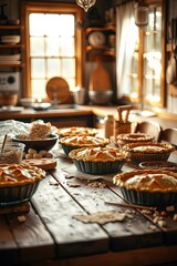 Culinary creativity thrives in a cluttered kitchen filled with homemade pies and warm autumn vibes during golden hour