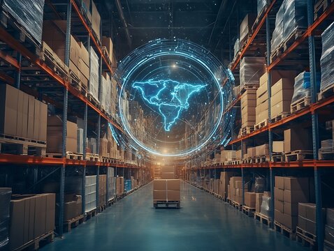 AI driven logistics warehouse management hologram floating in open space