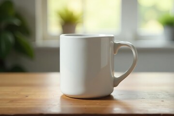 Classic white ceramic mug, handle detail visible, ceramic, template, background