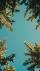 Green pine branches frame a teal sky, creating a natural border with ample free space, ideal for text or logo placement, suggesting serenity and nature