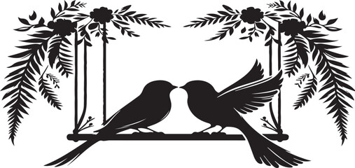 Naklejka premium Birds on a swing, a romantic silhouette illustration