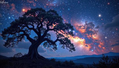 A majestic tree stands silhouetted against a vibrant, star-filled night sky with colorful nebula clouds and distant mountain ridges.