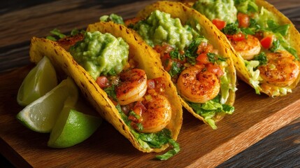 Delicious Shrimp Tacos with Fresh Ingredients and Lime on Rustic Wooden Board
