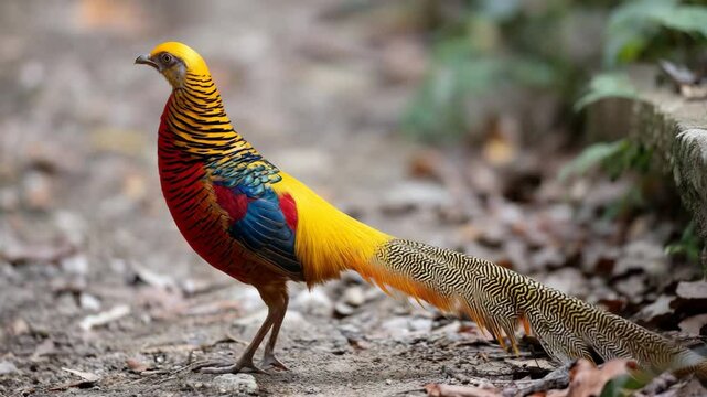 A striking golden pheasant stands gracefully among fallen leaves, showcasing its vibrant plumage and remarkable colors as it roams freely in its natural environment.