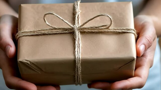 Hands gently presenting a gift wrapped in brown paper with twine