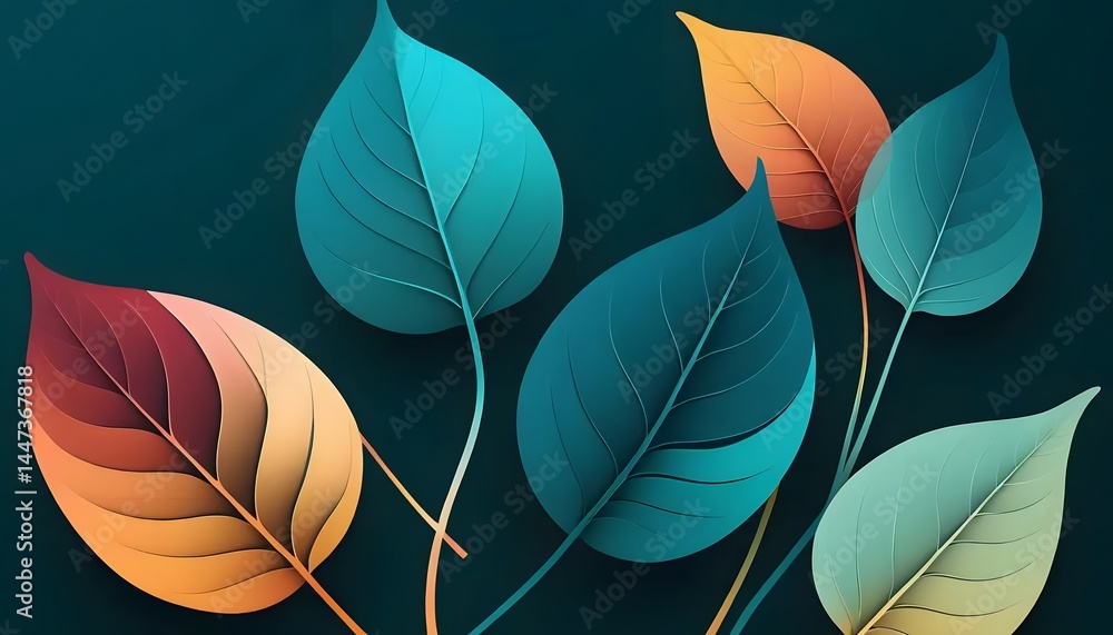 Poster colorful leaves arranged on a dark background creating a visually appealing artistic composition