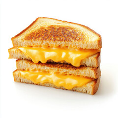 Classic grilled cheese sandwich with melted cheddar cheese oozing between golden buttery toast on white background