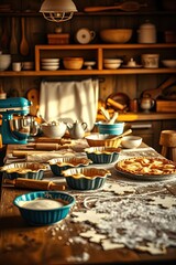 Fototapeta premium Cozy kitchen filled with baking supplies and cluttered charm invites creativity in every baked creation