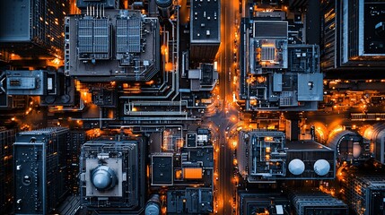 Futuristic city aerial view, intricate network of buildings