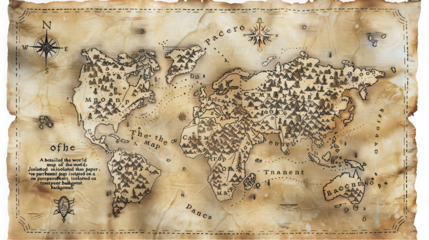 Detailed antique world map on parchment paper with compass rose