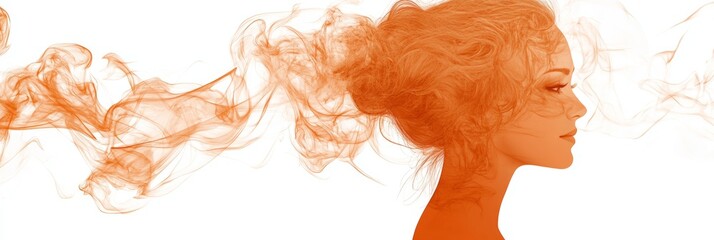Fototapeta premium Orange Smoke Face Conceptual Portrait of Woman, Headshot of Pretty Female From Smoky Background