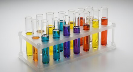 Colorful Chemical Solutions in Test Tubes Rack