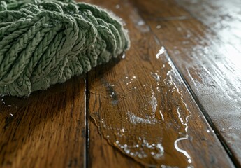 Wet wooden floor with mop
