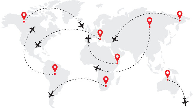 Flight plane map. Plane flight with arrow. Airline map route
