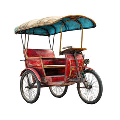 Colorful tricycle rickshaw parked under bright blue canopy in bustling market square during sunny afternoon