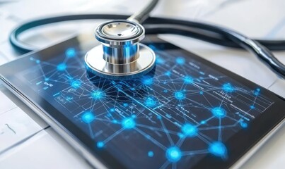 Stethoscope on Tablet Showing Digital Healthcare Network