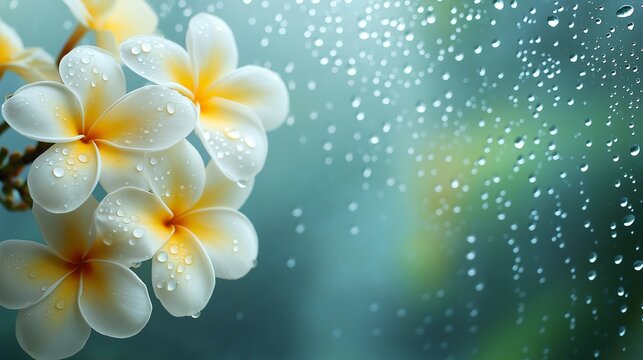 Plumeria, a floral background with water drops in space