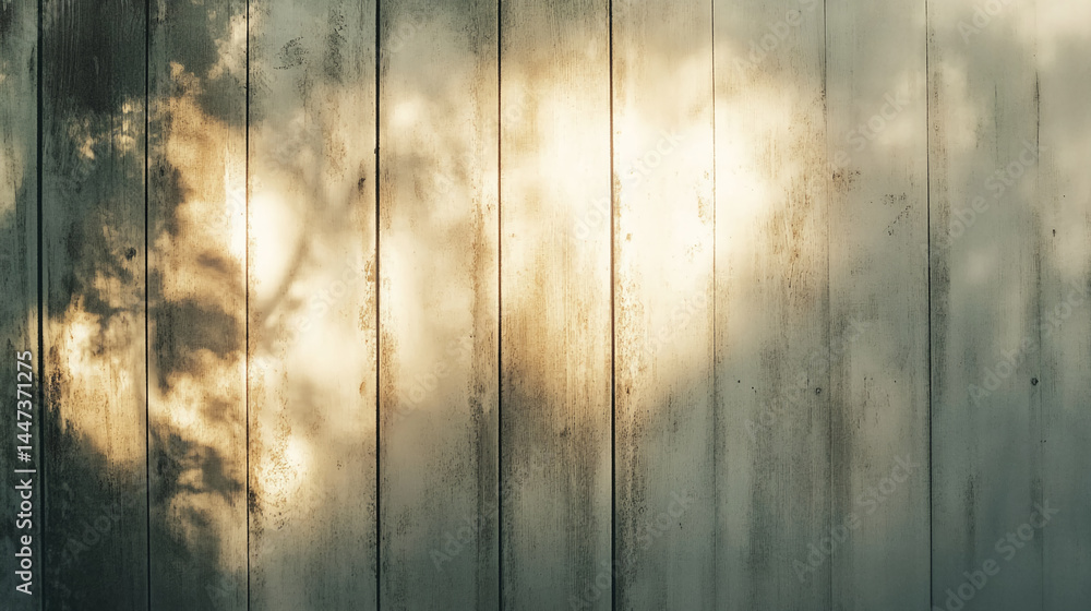 Poster vertical wooden planks, illuminated by sunlight casting tree shadows, creating a warm, textured back