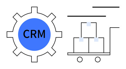 Gear labeled CRM alongside a trolley carrying cargo boxes. Ideal for logistics, customer service, business operations, supply chain, organization, efficiency, flat simple metaphor