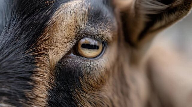 An intimate close-up of a goat's eye reveals intricate textures and colors, showcasing nature's beauty and the details that often go unnoticed in the animal kingdom.