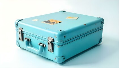 Blue plastic suitcase isolated on white background.