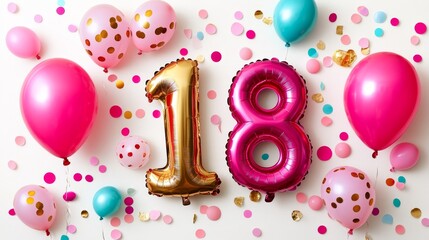 Golden 18 Balloons With Confetti And Festive Balloons On White, Celebrating Coming Of Age