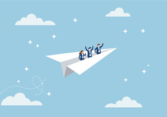 Illustration of a business team launching paper planes together, symbolizing teamwork, innovation, strategy, and progress, representing corporate growth, leadership, and shared goals for future succes