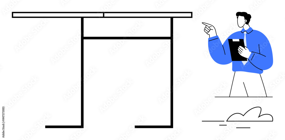 Poster professional pointing toward modern minimalist table structure while holding a clipboard. ideal for 