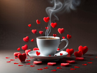 Romantic Still Life – White Coffee Cup with Red Heart Shapes on Saucer