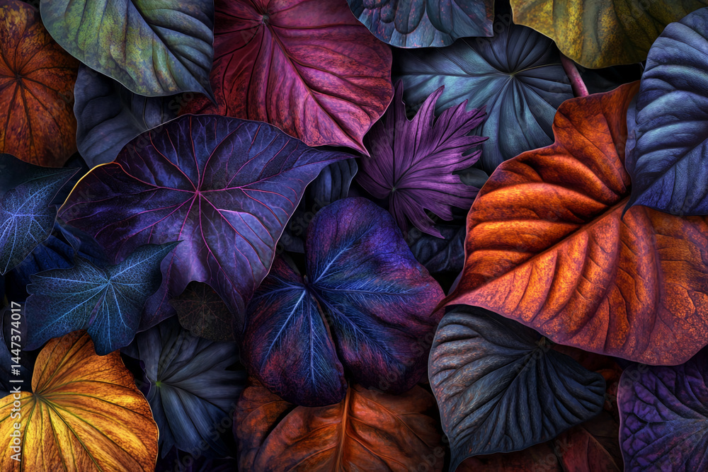 Poster close-up of diverse, dark-toned leaves with rich texture and veining, showcasing autumnal colors and