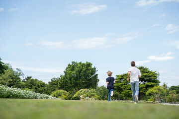 Happy family parent children having picnic outdoor activity. Enjoy happiness moment summer playing...
