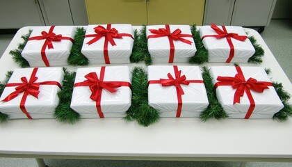 Eight White Gifts With Red Ribbons Adorned With Greenery