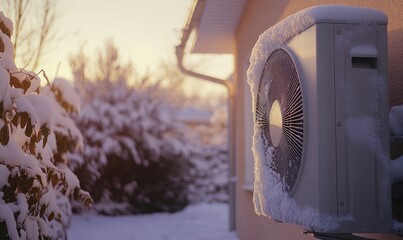 Snow Covered Outdoor Heat Pump Unit Winter Sunset