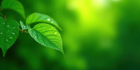 Vibrant Green Leaves with Morning Dew Drops, a Close-Up Nature Photography Image Featuring Lush Foliage and Sparkling Water Droplets