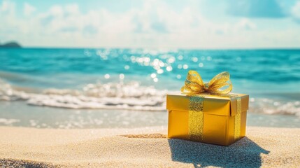 Golden gift box on sandy beach near turquoise ocean under sunny sky.