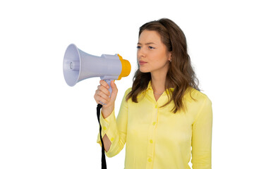 Female professional shouting through megaphone, delivering urgent message, corporate communication concept, isolated background