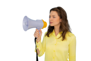 Female professional shouting through megaphone, delivering urgent message, corporate communication concept, isolated background