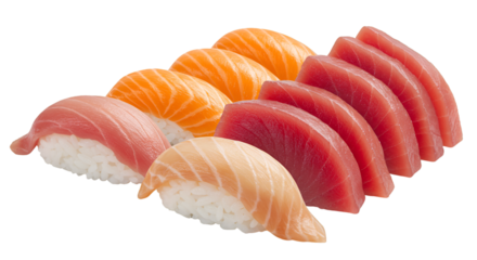 Fresh sushi assortment featuring salmon and tuna pieces on rice