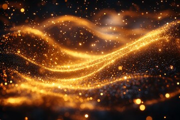 Fototapeta premium Golden particles wave, dark background, abstract art, design element