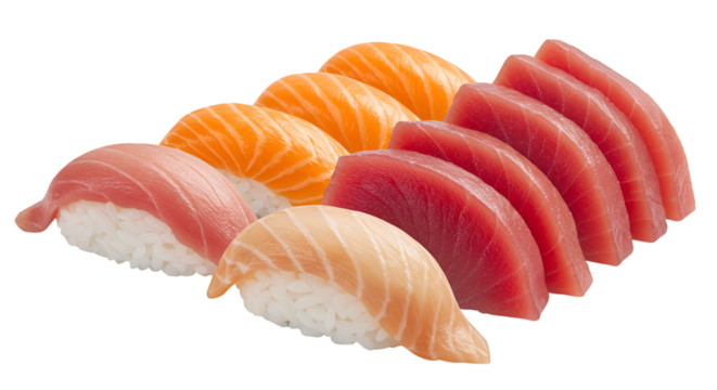 Fresh sushi assortment featuring salmon and tuna pieces on rice