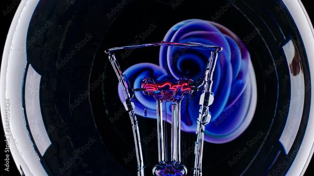 Poster close-up video of a light bulb filament with abstract, colorful swirls in the background, shot from 